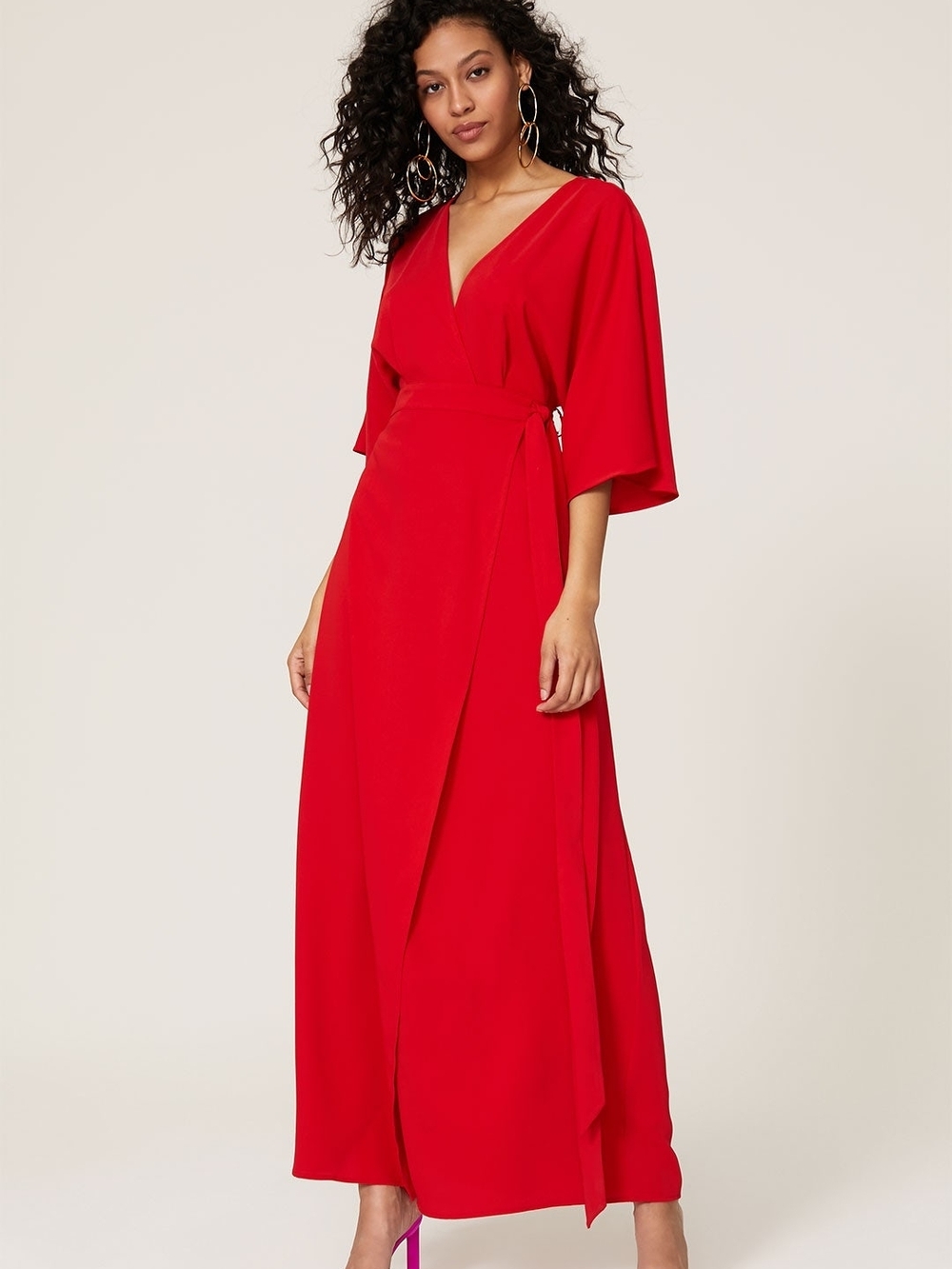 Great Jones red Wrap Maxi Dress with Kimono Sleeves